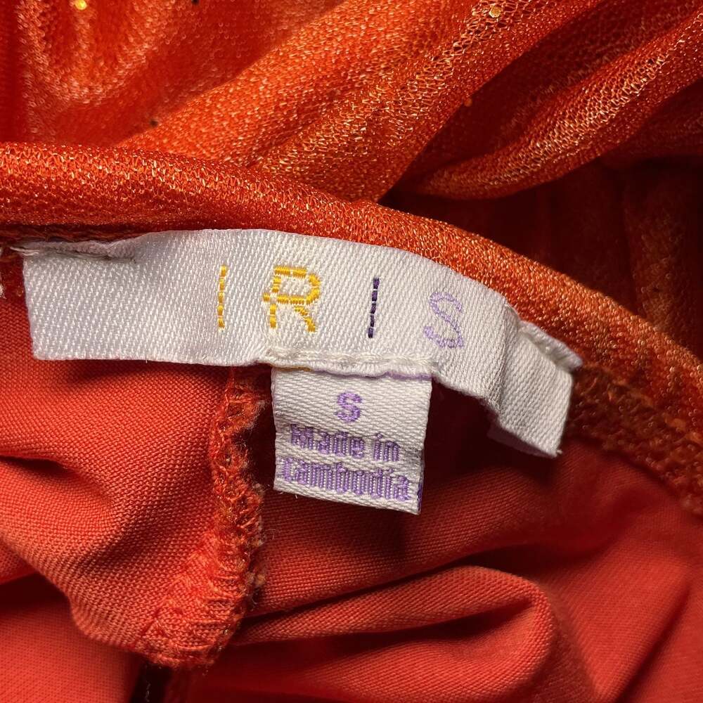 IRIS Orange Ruched Bodycon‎ Mini Dress Mesh Glitter Size S Going Out Party - Picture 4 of 4